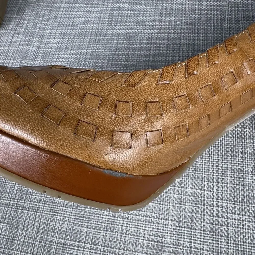 Andrew Geller Sz 7 Whisky Brown Woven Leather Platform Pumps Wood Stiletto Heels - Picture 10 of 10